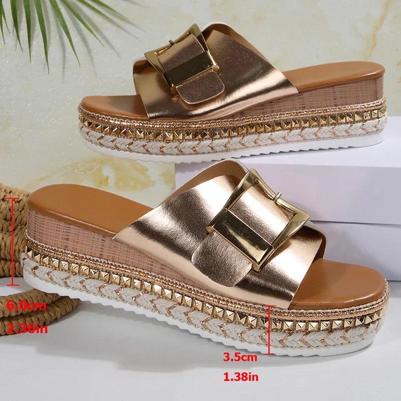 Fashion Metal Buckle Design Slippers for Women 2025 Summer Platform Thick Bottom Sandals Plus Size Woman Open Toe Wedges Slides Shoes