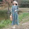 Women's Summer Retro Boho-Print Cotton-Linen Fitted Dress; Loose-Fitting Long Dress with Full Skirt for Mature Women