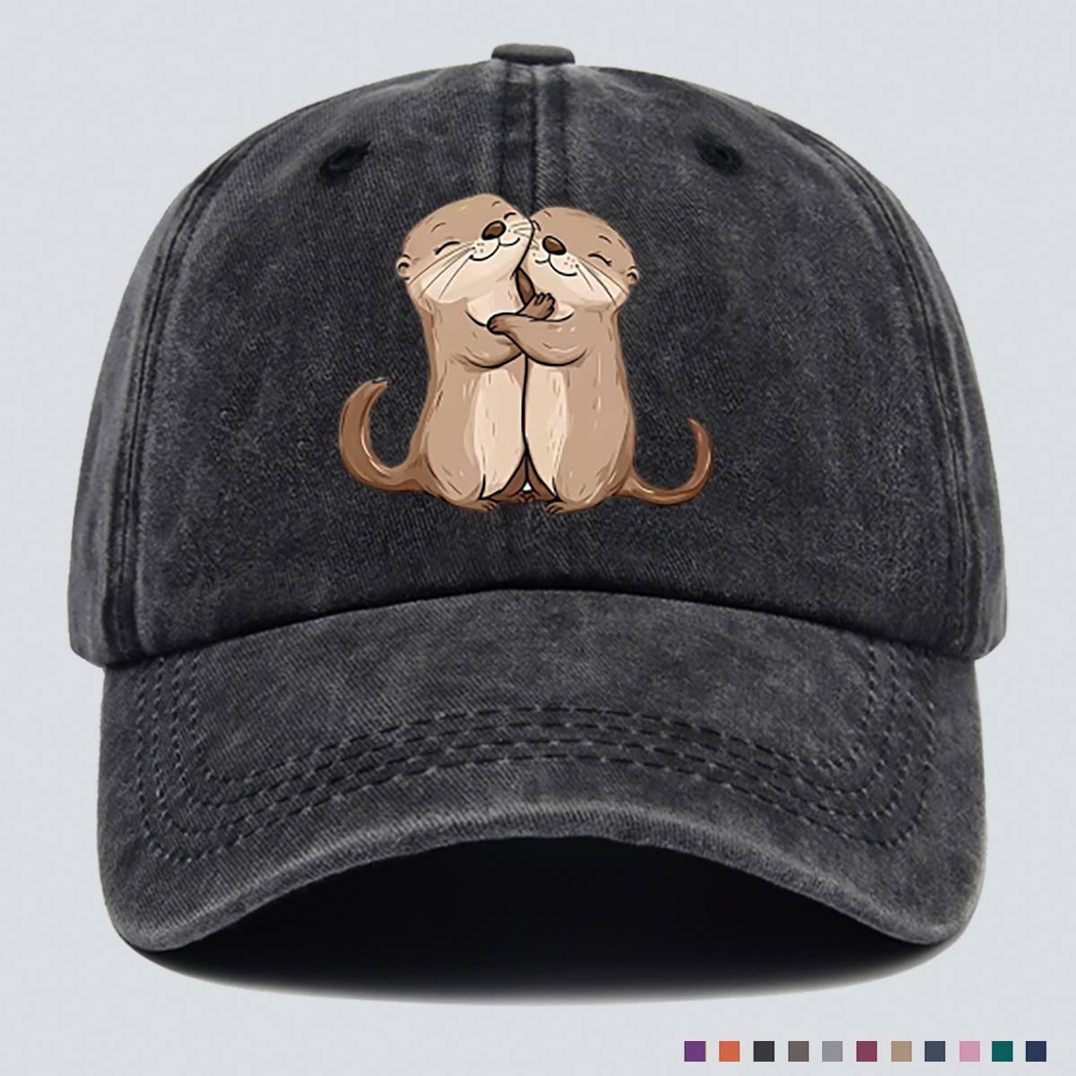 Baseball Cap with Graphic Print of Two Cartoon Otters Hugging Each Other чёрный