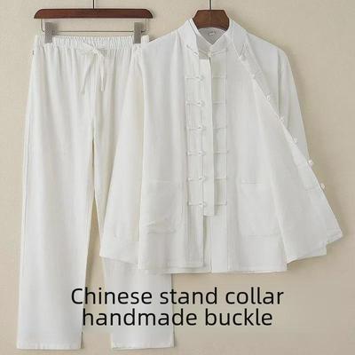 Completo Tang Cinese Vintage Primavera/Estate: Completo Due Pezzi Classico in Cotone e Lino con Bottoni e Collo alla Coreana per Uomo di Mezza Età