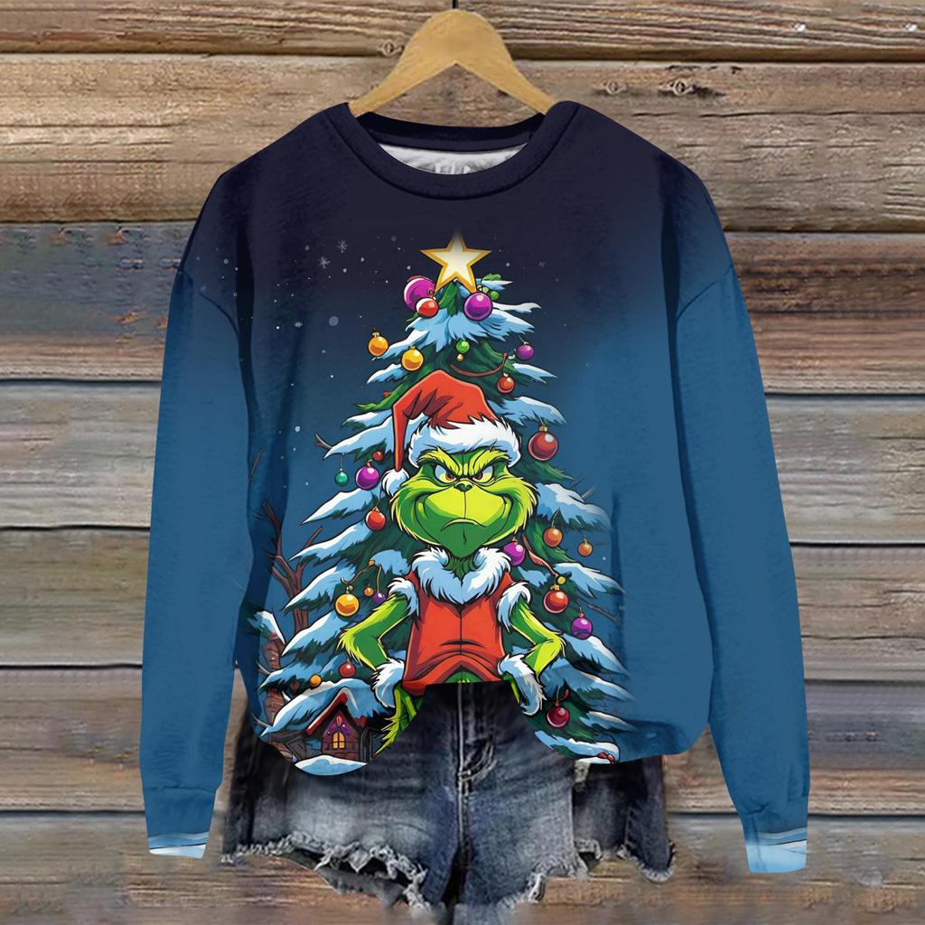 Hanorac sport casual de damă cu mânecă lungă și gât rotund, cu imprimeu Greentown de Crăciun