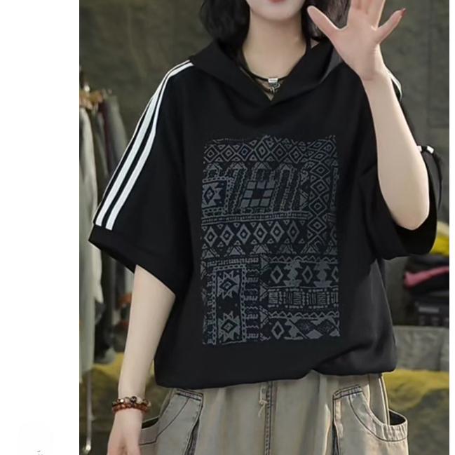 

DIMANAF 2025 Летняя толстовка с капюшоном в полоску, хлопковая футболка для женщин с принтом в виде букв и полосок, короткий рукав, свободный, белый, черный One Size