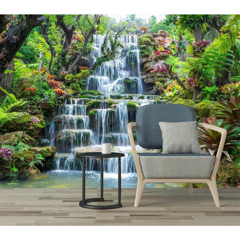Tropical Rainforest Waterfall Wall Mural Green Plants Nature Scenery Wallpaper Home Decor