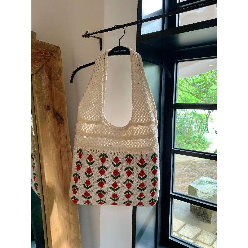 New knitted bag flower tote bag retro mesh hollow women s shoulder bag woven bag handbag