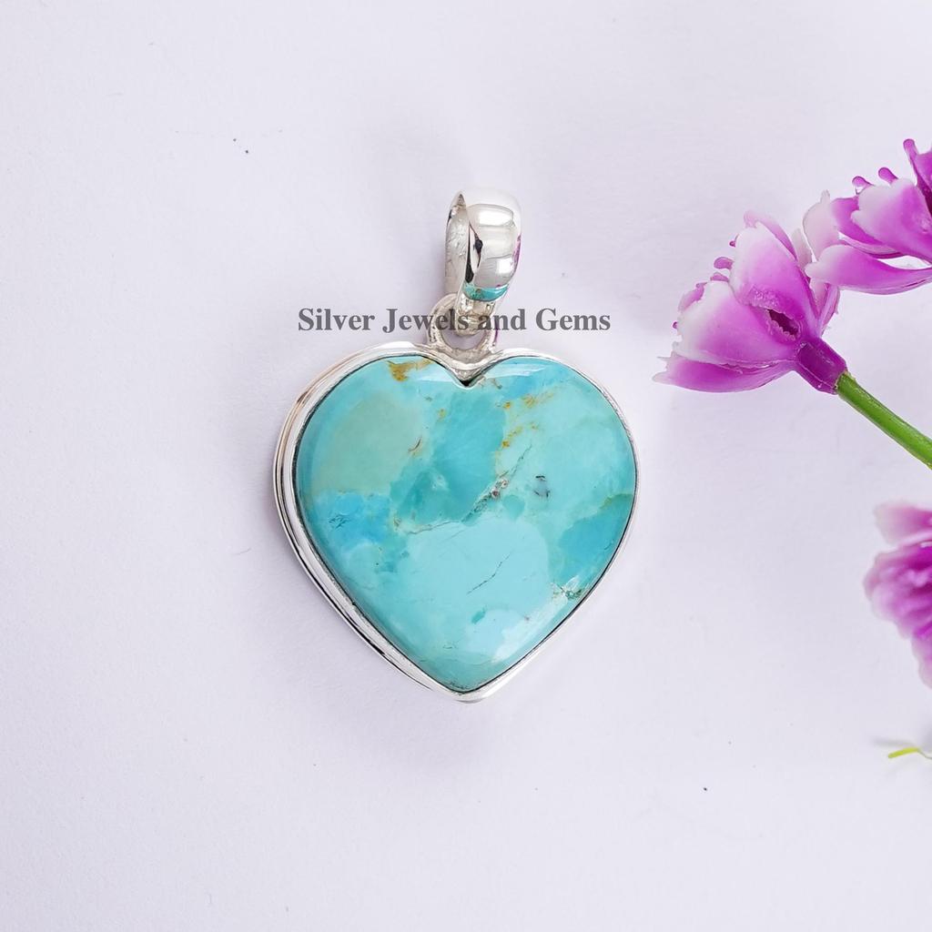 Turquoise Heart Pendant, Handmade Pendant, 925 Sterling Silver, Heart Turquoise Jewelry, Birthstone Pendant Gift for Mom