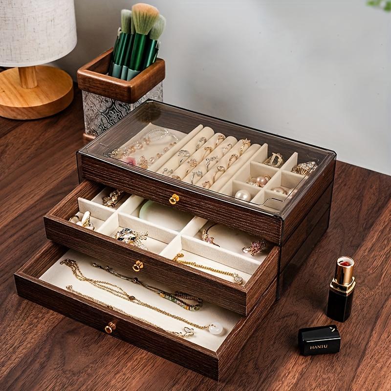 

Large Capacity 3-Tier Jewelry Storage Box Drawer Organizer Walnut Wood Grain Multi-layer Stackable Necklace Earrings Jewelry Box