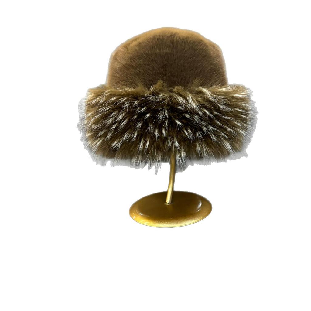 Große Plüsch-Mongolenmütze aus Kunstwaschbärfell für Herbst/Winter - Dick, warm, Fischerdesign mit flachem Oberteil