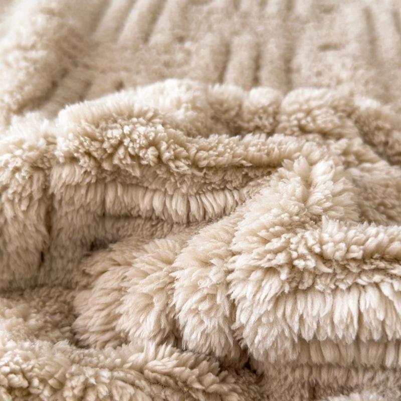 3PCS Bedding Set Soft Warm Plush Mattress Protector Cover Thick Milk Velvet Striped Fitted Sheet Fluffy Luxury Bed Cover