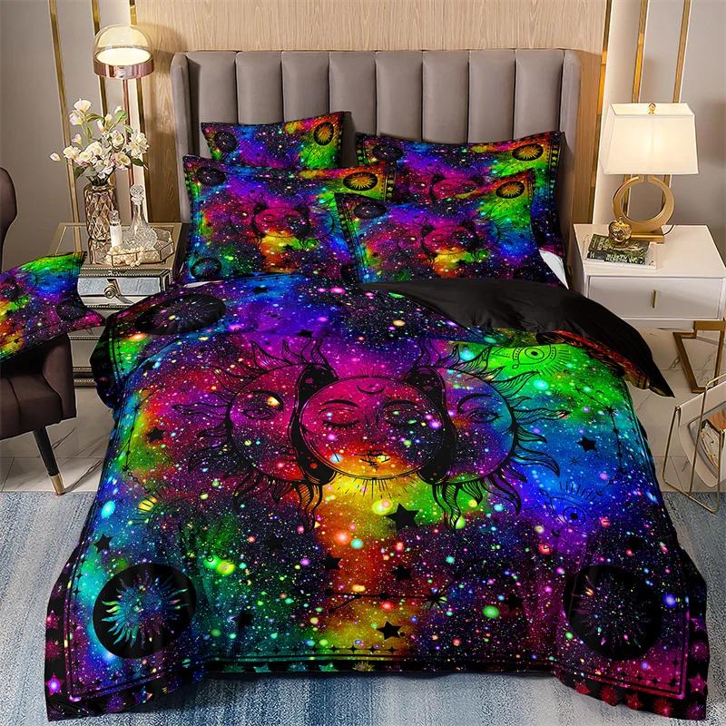 Bedding Set With Duvet Cover And Pillowcases, Starry Sky Print, Sun And Moon, 2 People, 220x240, Luxury Galaxy Series, Winter