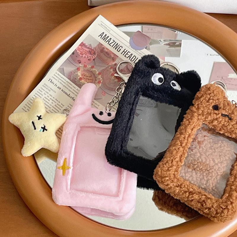 3 Inch Cute Cartoon Bear Rabbit Plush Photocard Holder Idol Photo Protective Sleeves Keychain Id Credit Protector Cover Pendant