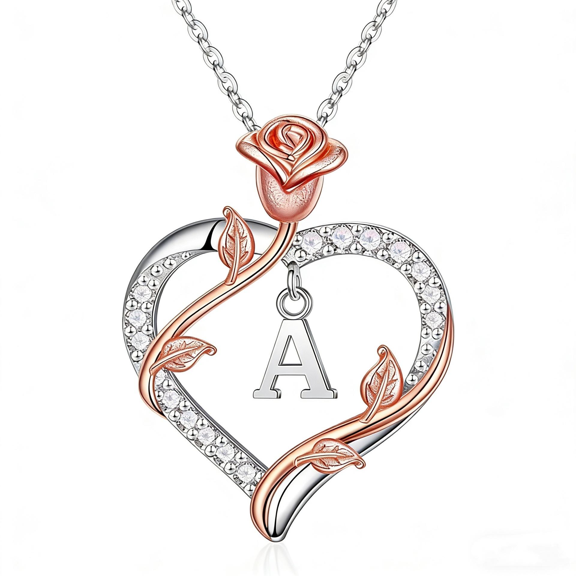 Cross-border Minimalist High-end Niche Design New Fashion Two-tone Heart-shaped Rose Letter Pendant Necklace Korean-style 925 18inches&925 silver