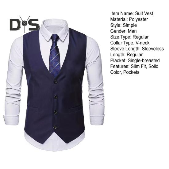 Men Suit Vest V-Neck Sleeveless Single-Breasted Suit Coat with Pockets Solid Color Slim Fit Formal Style Business Waistcoat