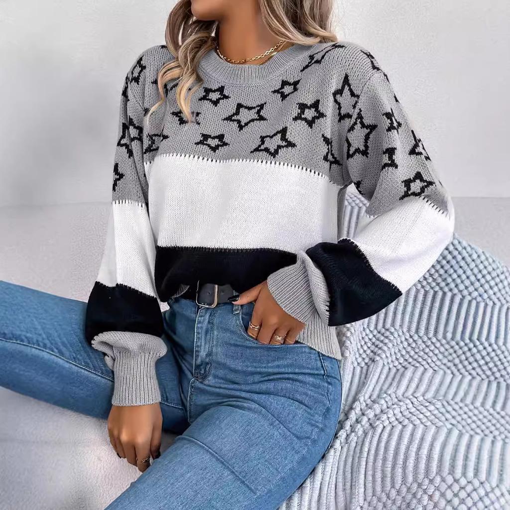 QICED Autumn and Winter Casual Color-blocked Star-shaped Hollowed-out Lantern Sleeve Pullover Sweater for Women