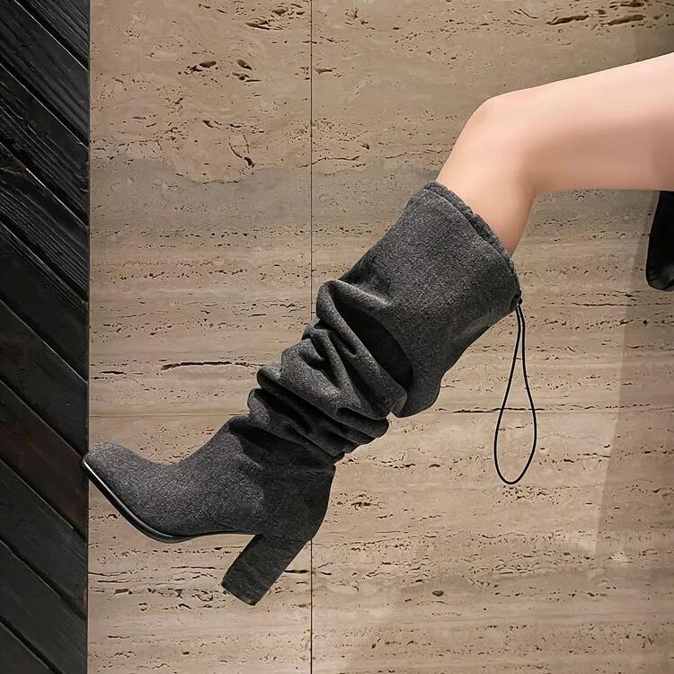 Синие Джинсовые Плиссированные Наслаивающиеся Длинные Сапоги Женские Эластичные Западные Ковбойские Сапоги На Толстом Каблуке Квадратный Носок Модные Сексуальные Женские Сапоги 34 23090₽