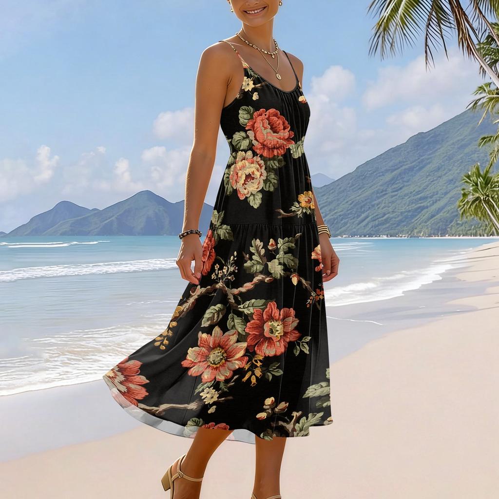 Ärmelloses Damen Maxikleid mit Spaghettiträgern, Farbverlaufdruck, Sommerlich, Fließend, Mehrlagig, Strandkleid, Lässig, Locker sitzend, Strandmode