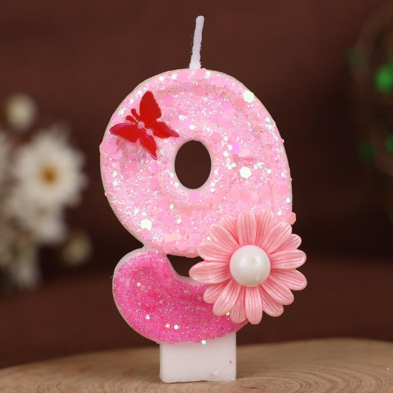 Sequin Pink Flower Butterfly Numbers Birthday Candle Cake Party Decoration One Year Old Handmade Candles 0-9