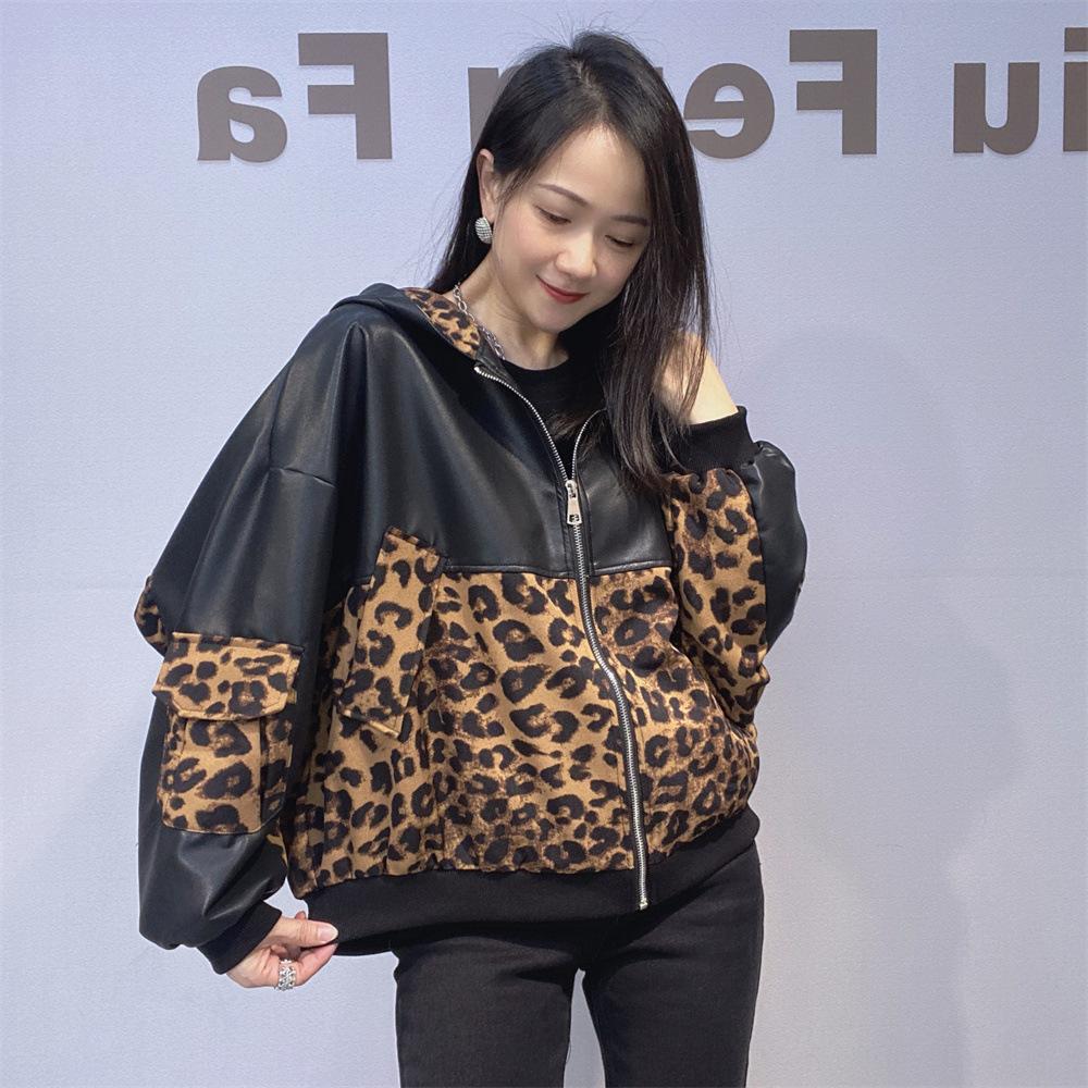 

Осенне-зимний кардиган из кожи с леопардовым принтом пэчворк, женский топ с длинными рукавами и горячими бриллиантами, универсальная кожаная куртка с рукавами летучая мышь One Size чёрный