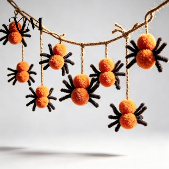 Wall Ornament for Home 78 Inch Halloween Hanging Spider Banner, Mini Black Orange Plush Window Sign Pom Garland Party, Fireplace, Decor Decoration