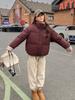 Short Stand Collar Contrast Color Thickened Loose Warm Puffer Jacket with Adustable Hem