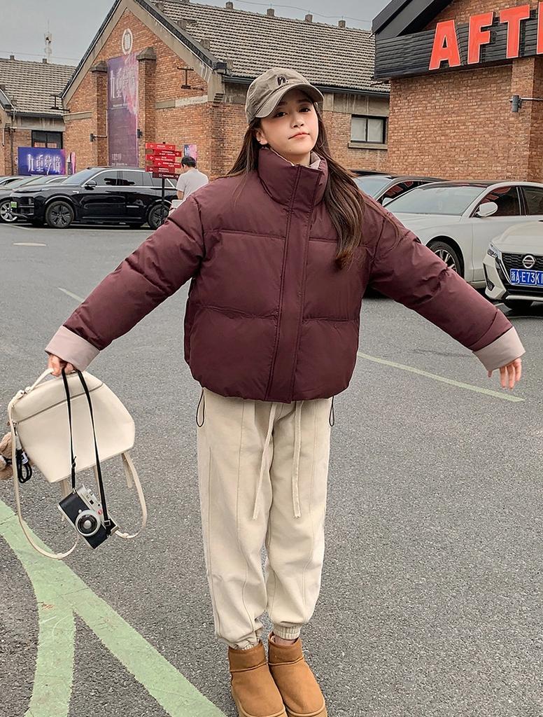 Short Stand Collar Contrast Color Thickened Loose Warm Puffer Jacket with Adustable Hem