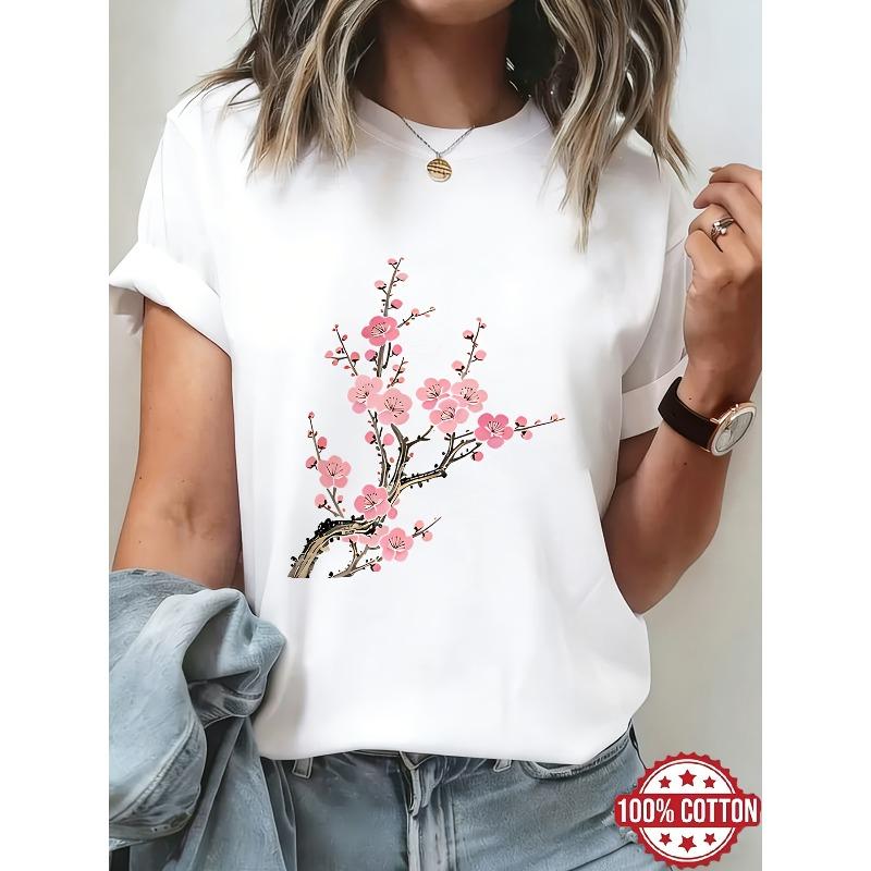 National Style Pink Plum Blossom Branch Print Women'S T-Shirt, New Chinese Literary Short Sleeve, Gentle Temperament Versatile Casual Top