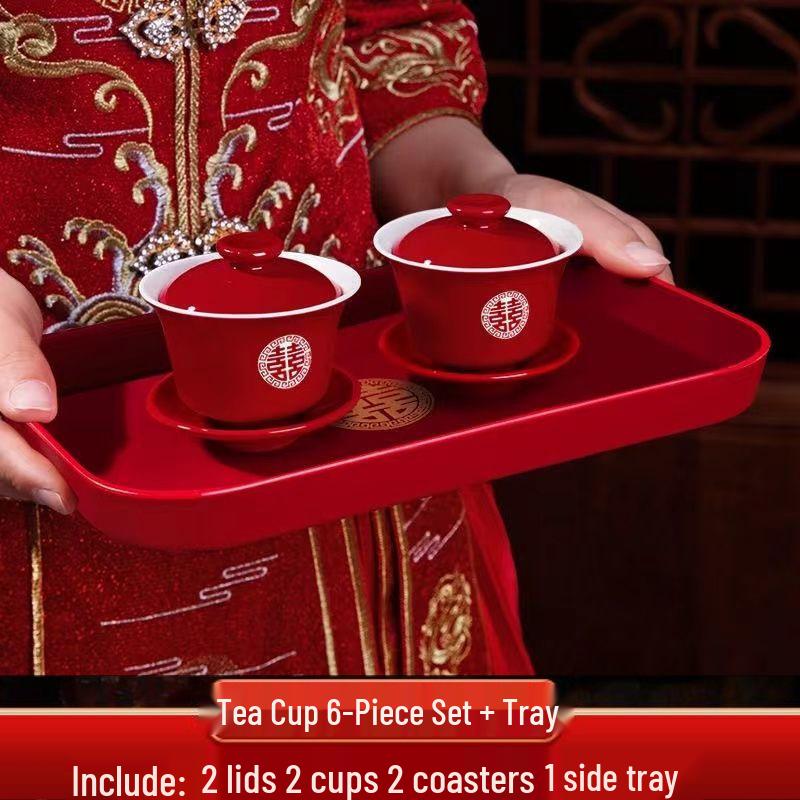 Wedding Red Tea Set: Pair of Happy Bowls, Chopsticks, Tea Cups, and Toasting Collection