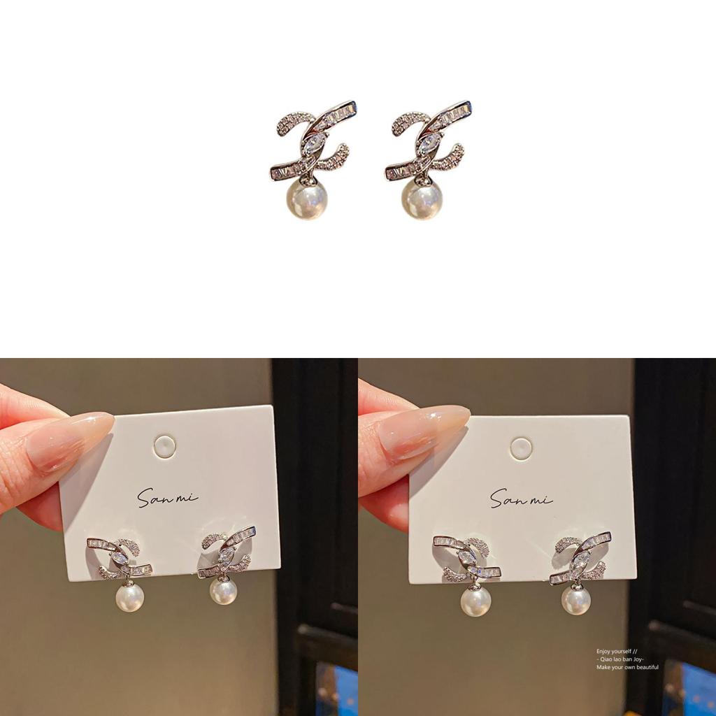 Geometric Zircon Pearl Stud Earrings With Silver Needle Finish For Women