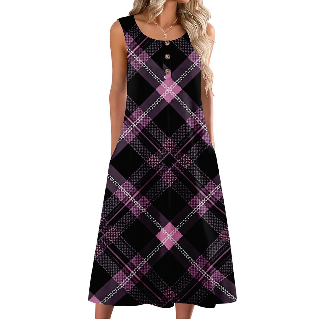 Women's Fashion Casual Sleeveless Button Plaid Print Dress with Pocket