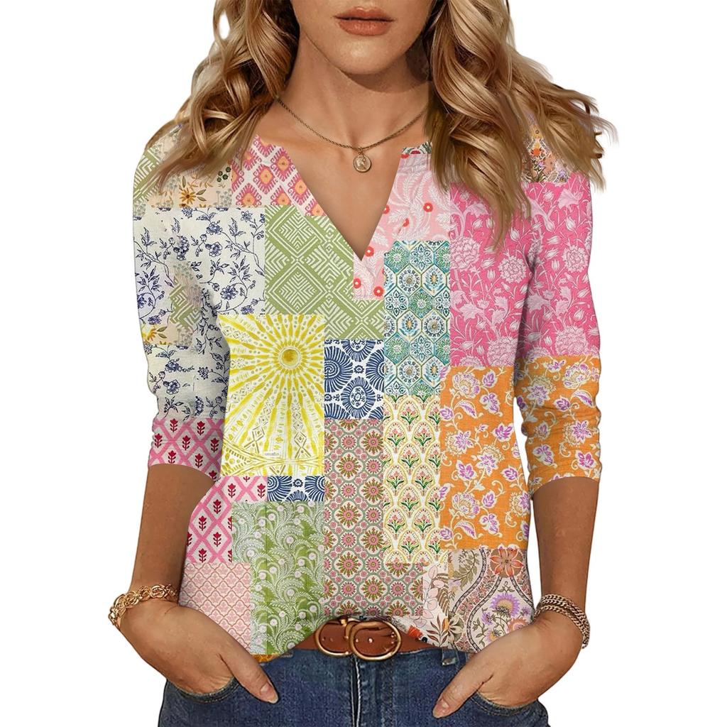 Women's Casual Fashion Sexy Comfortable V-Neck Floral Seven Sleeve Top