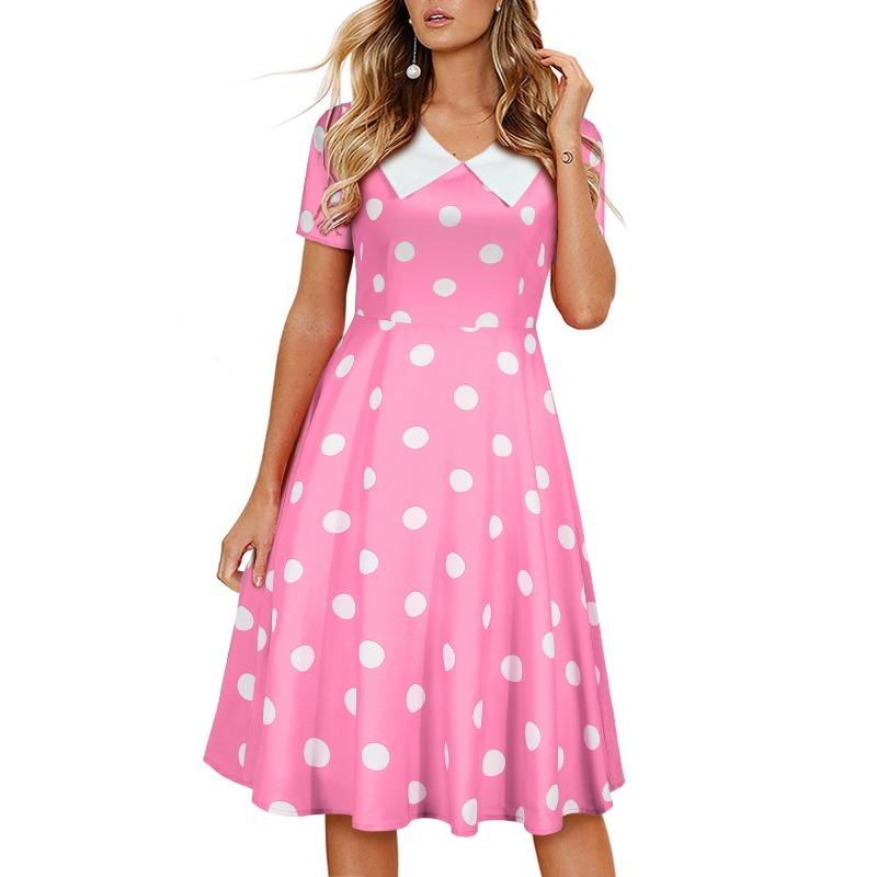 Summer Short Sleeve V-Neck Polka Dot Retro Dress Women's Large Swing Dress