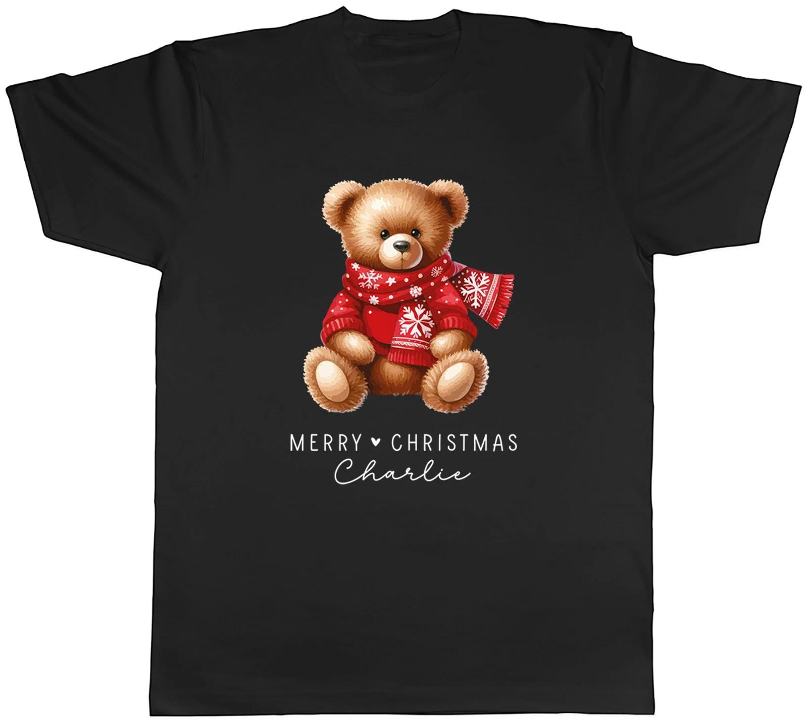 Personalised Merry Christmas Any Name Teddy Bear Mens T-Shirt Tee Gift Top S