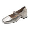 French thick heel with rhinestone single shoes women's 2025 new summer square head shallow mouth middle heel Mary Jane small leather shoes
