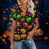 Womens Casual V Neck Short Sleeve Halloween Print Polo Shirt Loose Fit Lightweight Top for Everyday Wear