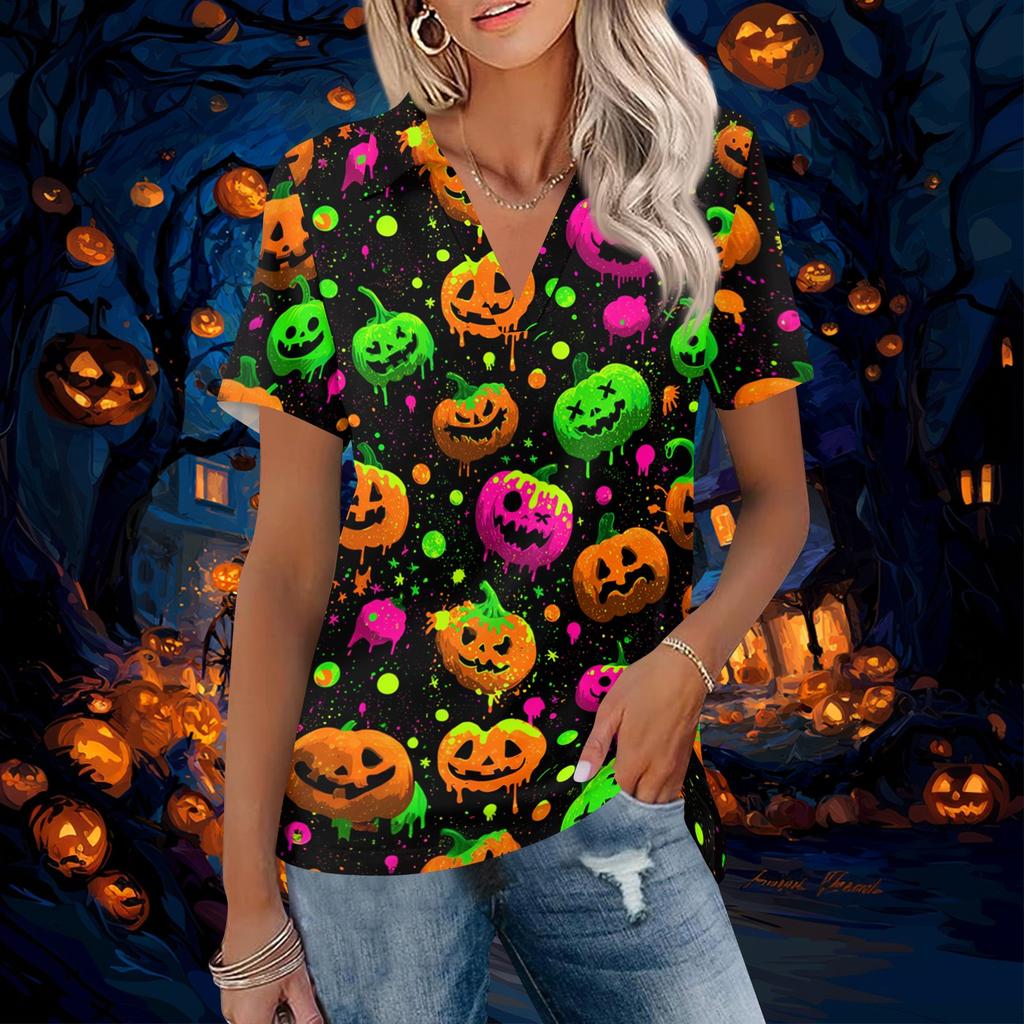 Womens Casual V Neck Short Sleeve Halloween Print Polo Shirt Loose Fit Lightweight Top for Everyday Wear