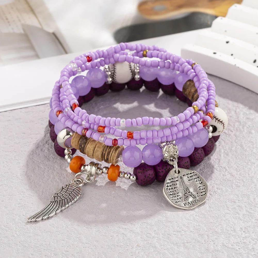 5Pcs Bohemian Colorful Rice Beads Bracelet Set For Women Eiffel Tower Wing Charm Elastic Bracelet Female Summer Vacation Jewelry