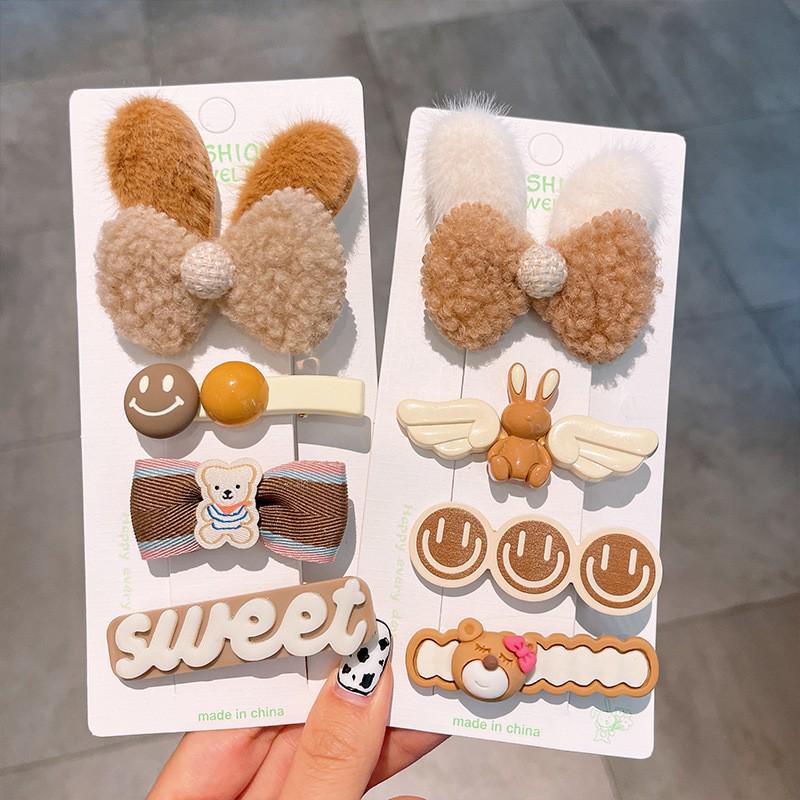 Autumn & Winter Plush Bear Hair Accessories: Cute Milk Coffee Wool Flower Butterfly Hairpin for Children