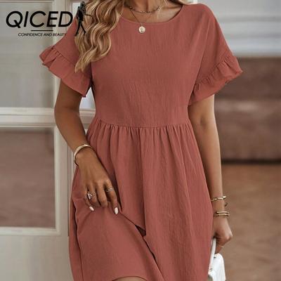 Mode Sommer OL Temperament Damen Baumwolle und Leinen O-Ausschnitt A-Linie Rock Kleid