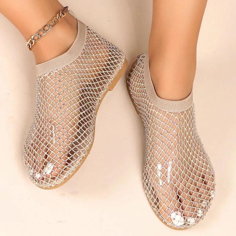 Fashion 2025 Summer Women's New Round Toe Flat Bottom Sandals Hollow Short Boots Water Diamond Sexy Flat Bottom Fashion Banquet Slippers