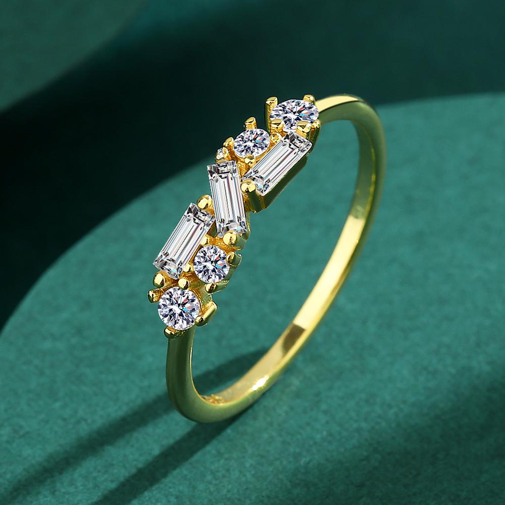 Kreativer 18K Gold Unregelmäßiger Baguette-Diamant-Paarring für Frauen, runder Kristall, echtes Sterlingsilber, Geschenkschmuck