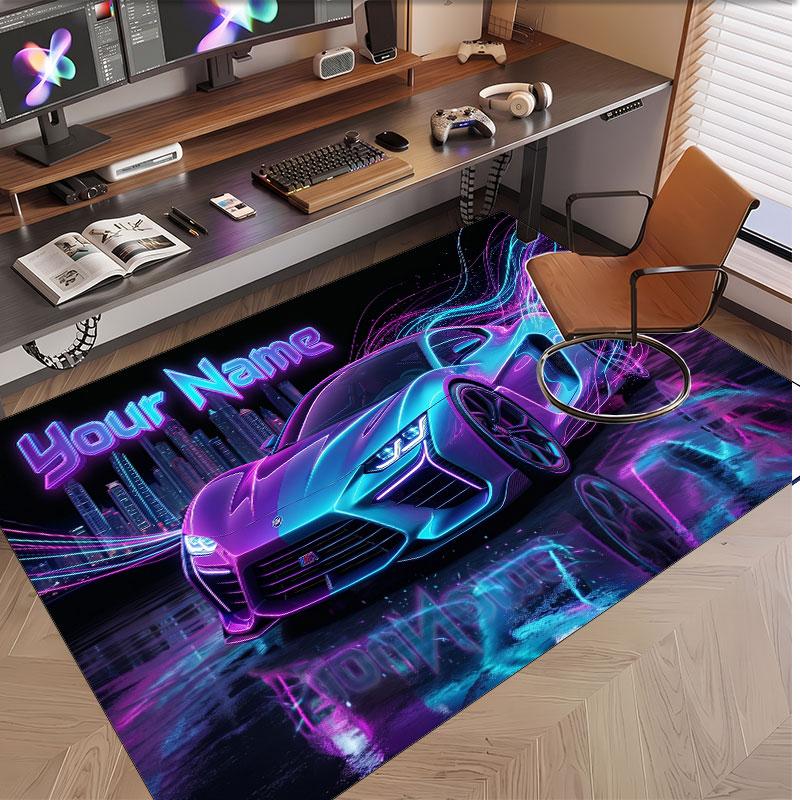 Auto-Rennsport-Thema Weicher Kristall-Samt Teppich Benutzerdefinierter Name & Text Druck Rutschfester Boden Teppich für Schlafzimmer Wohnzimmer