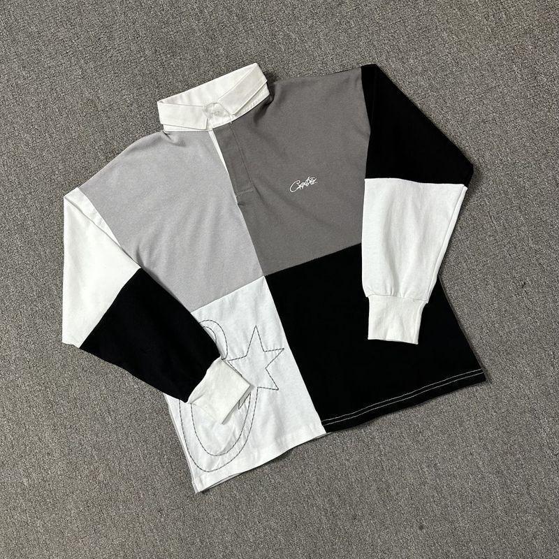 Long Sleeve T Shirt Color Block Embroidery Polo Streetwear Hip Hop Casual Top Young Men
