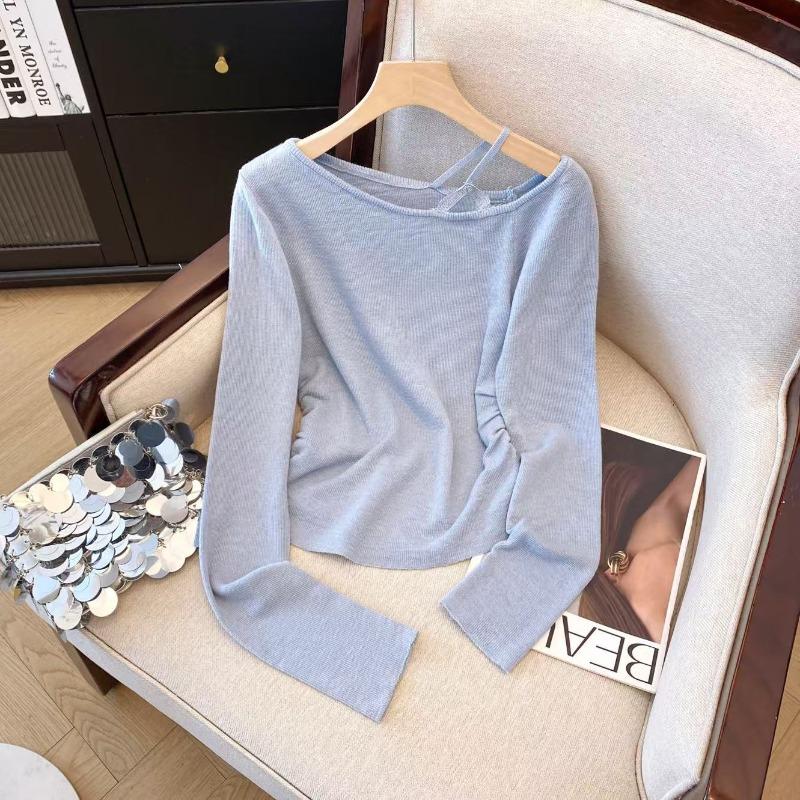 

Real shot light blue fake two-piece knitted sweater women s spring new wear high-end pinch pleated waist top L синий