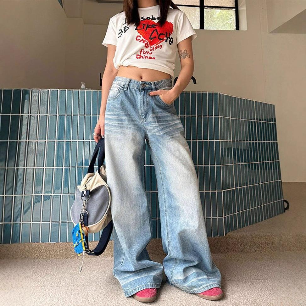Design Sense Creases Doing The Old Washed Jeans Women Loose Wide Leg Pants High Waist Drag Floor Long Pants Jeans for Women Long Denim Pants
