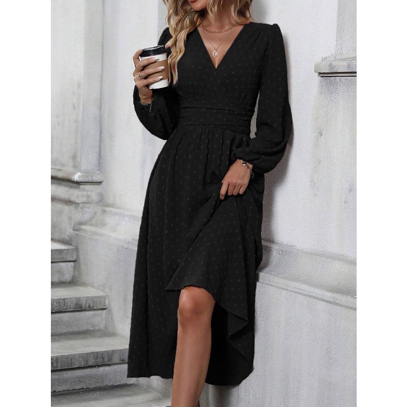 JPNTKY Fashion Spring Autumn Solid Color Print Long Sleeve V-Neck Casual Dresses