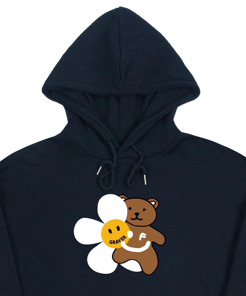 GRAVER [Unisex] Big Flower Bear Smile Hoodie_Navy