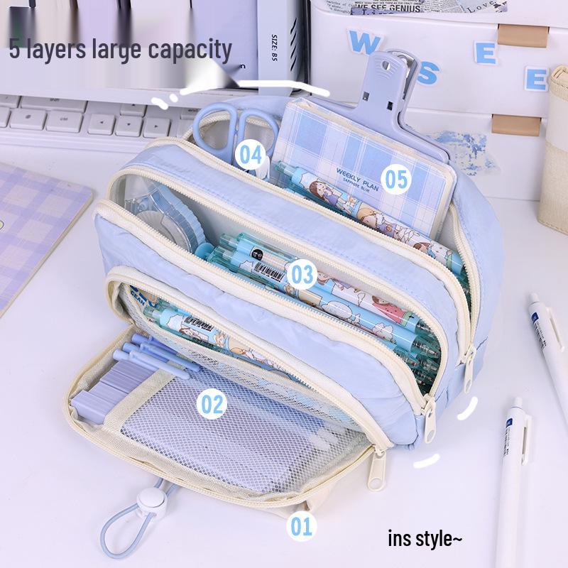 Five-Layer Large-Capacity Pencil Case for Girls - Simple, Stylish, Drawstring Design for Primary and Middle School Students