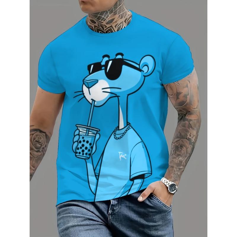 ETST0012 Zomer Nieuwe Heren T-shirts Cartoon Roze Panter Print Korte Mouw O-hals T-shirts Casual Losse Dagelijkse Sport Oversized Unisex Tops M