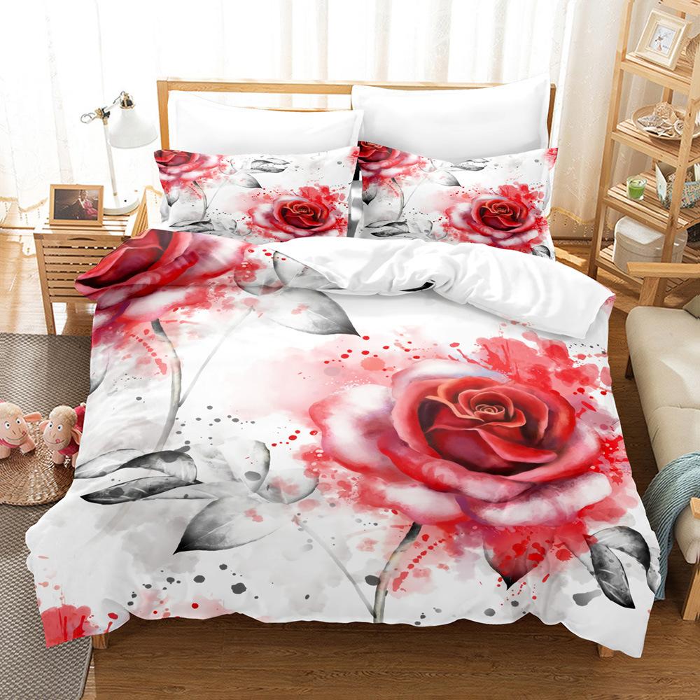 Fleur Roses, Romantique Et Festif Textile De Maison Kit De Draps Impression 3D Motif Cheveux Lisses Trois Pièces Mariage