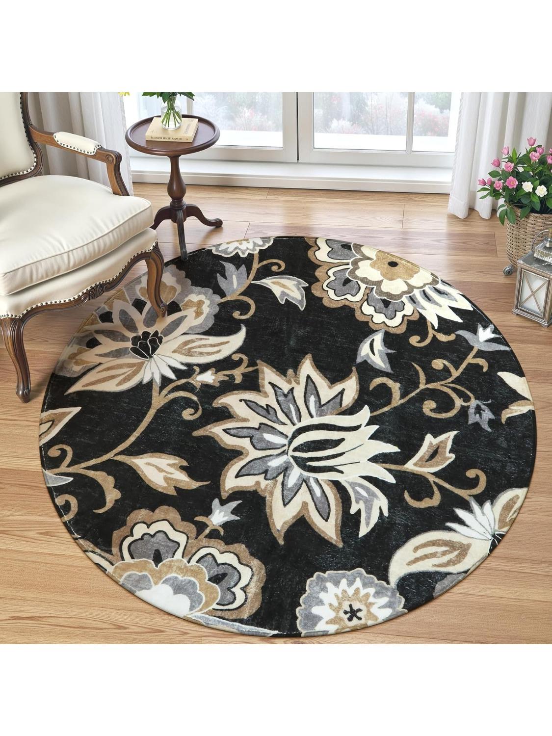 

Floral Black Round Rugs Washable Round Area Rug Non-Slip Small Round Entryway Rug Throw Soft Bedroom Circle Rug Paisley Print 100cm