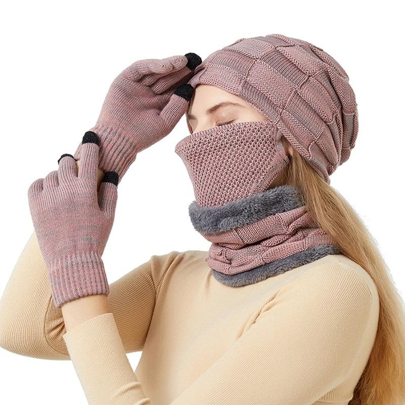 Winter Knitted Scarf Hat Glove Sets for Women Men Skiing Cap Cotton Lining Mask Touch Screen Woolen Gloves Plus Velvet Warm Thicken Beanies